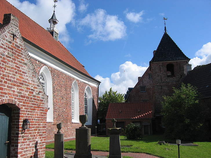 Igreja, norte da Alemanha, cemitério, pedras graves, edifício, arquitetura, adro