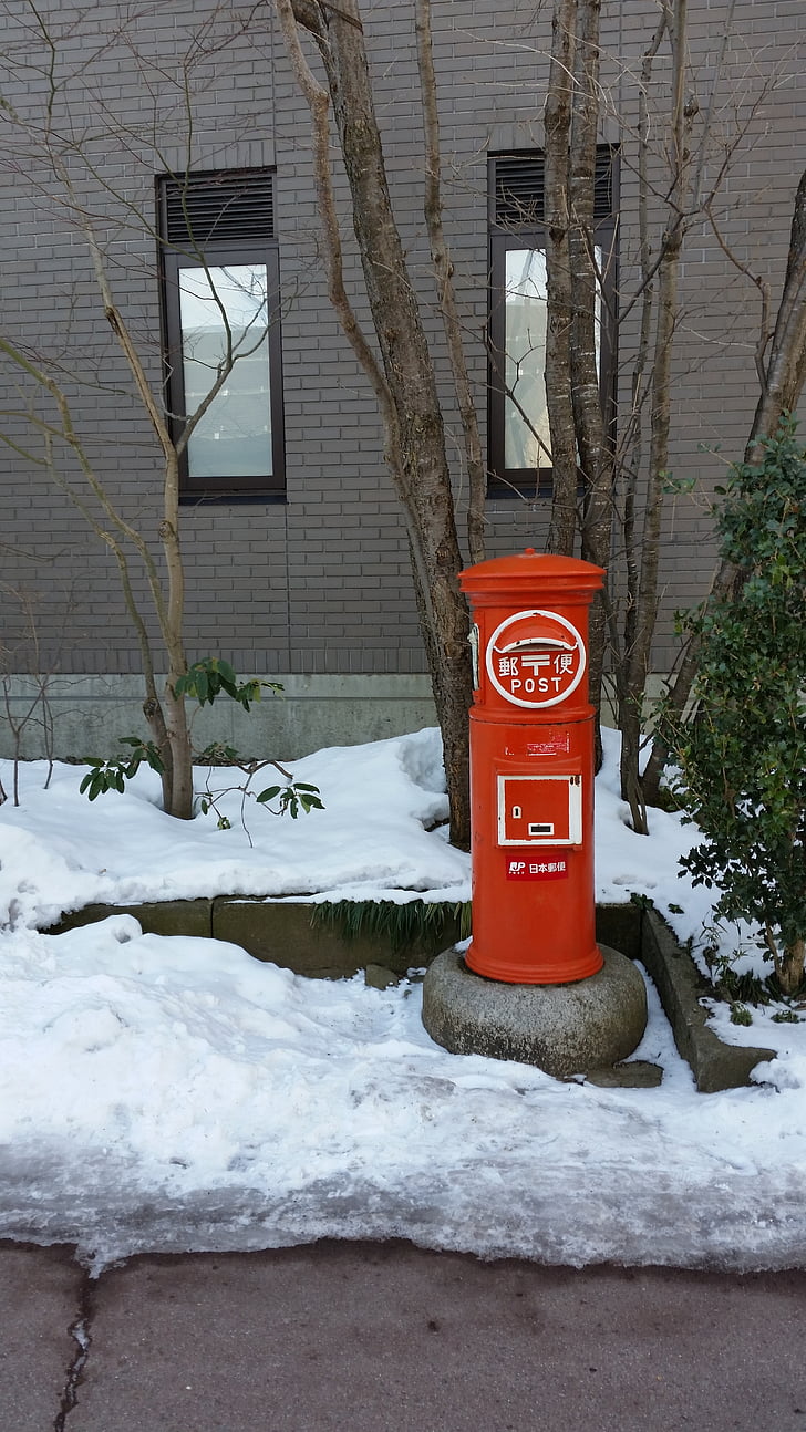 Postbox, Japonsko, historické, sníh, červená, příspěvek, poštovní schránka