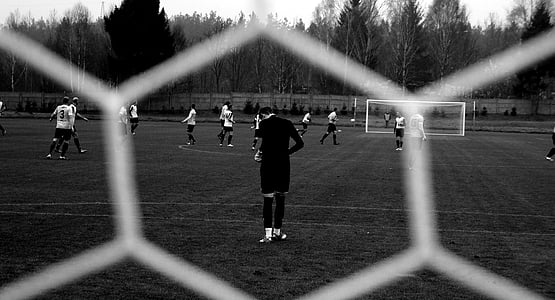 action, athletes, ball, barbed wire, black and-white, conifers, fence