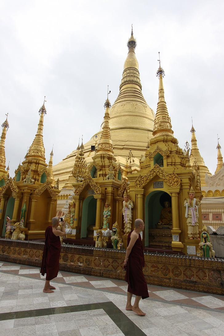 shwedagon, golden pagoda, monks, myanmar