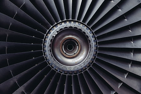 macroshot, gris, negre, hèlix, motor de reacció, turbina, Raig, avió