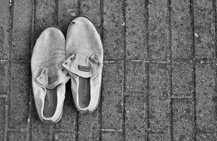 shoes, abandonment, black and white, solitude, urban exploration, work, sidewalk