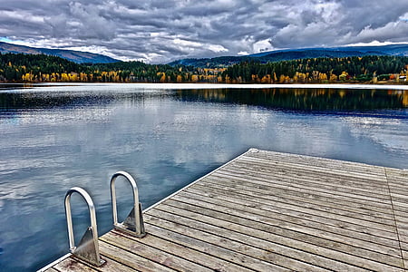 plavání, platforma, jezero, voda, reflexe, klid, malebný