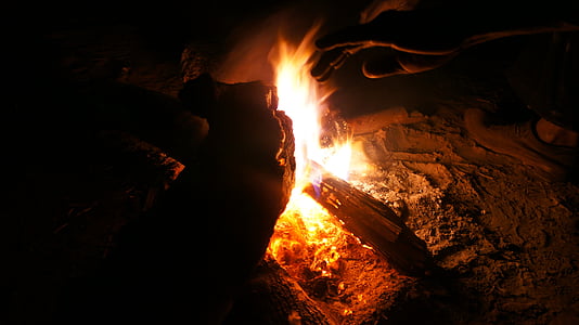 夜, 火, 炎, 暗い, 燃焼, 木材, たき火