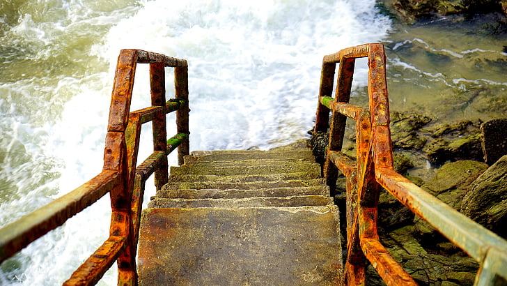 rusty, stairs, red, water, sea, rock, stone