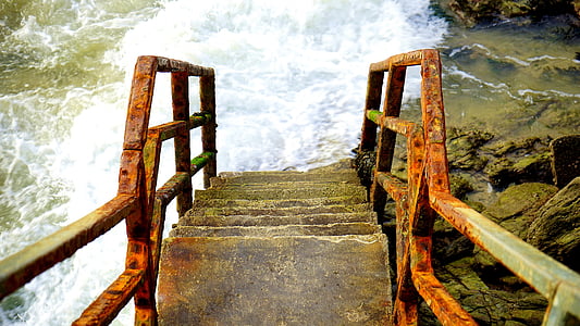 さびた, 階段, 赤, 水, 海, ロック, 石