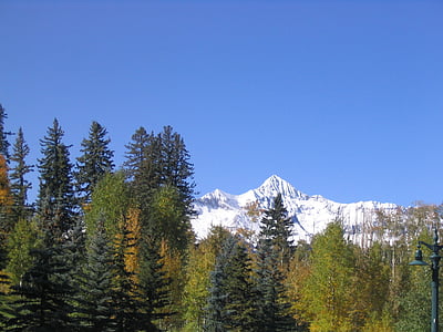планински, планински връх, дървета, сняг, сцена, пейзаж, природата
