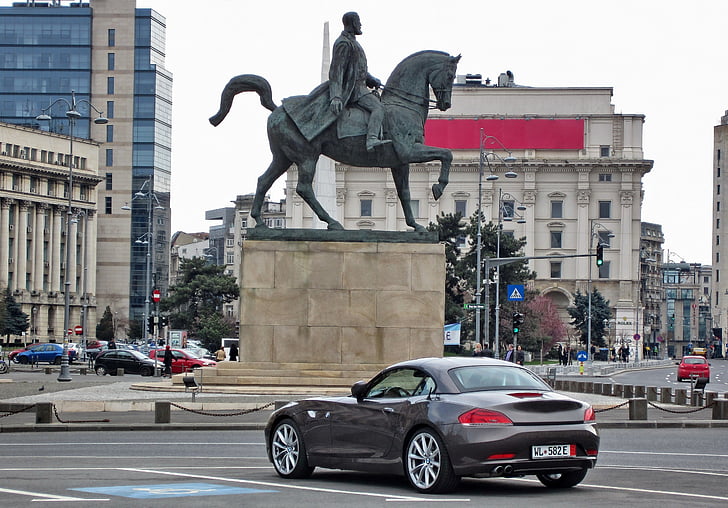 transport, car, horse, rider, old, monument, statue