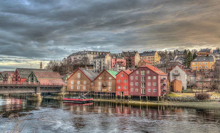 Trondheim, Norwegen, Fluss, Architektur, bunte, Reisen, Europa