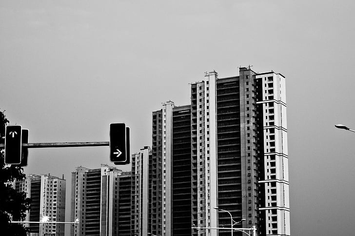 Nanjing, épület, épít, fekete-fehér, város, vonal, összetétele