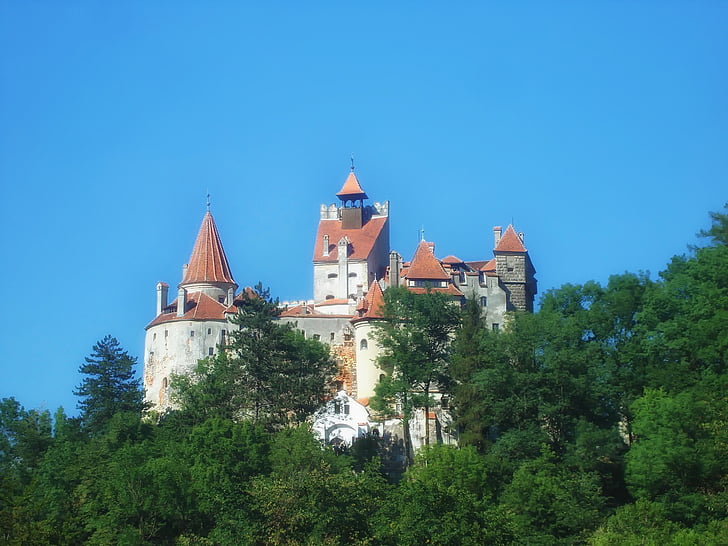 Castelo de Bran, Romênia, árvores, céu, Marco, histórico, histórico