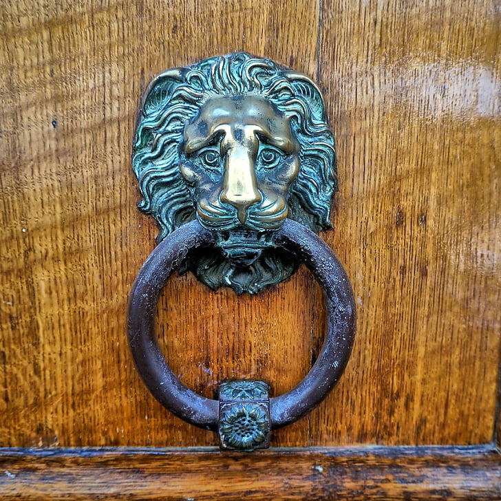 León, aldaba, puerta, bronce, pátina, accesorio, Casa