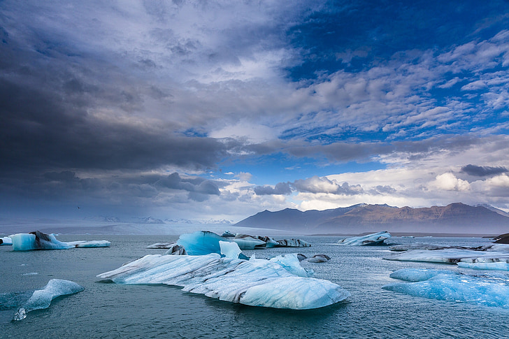 iceland, ice, glaciers, lake, water, sky, clouds