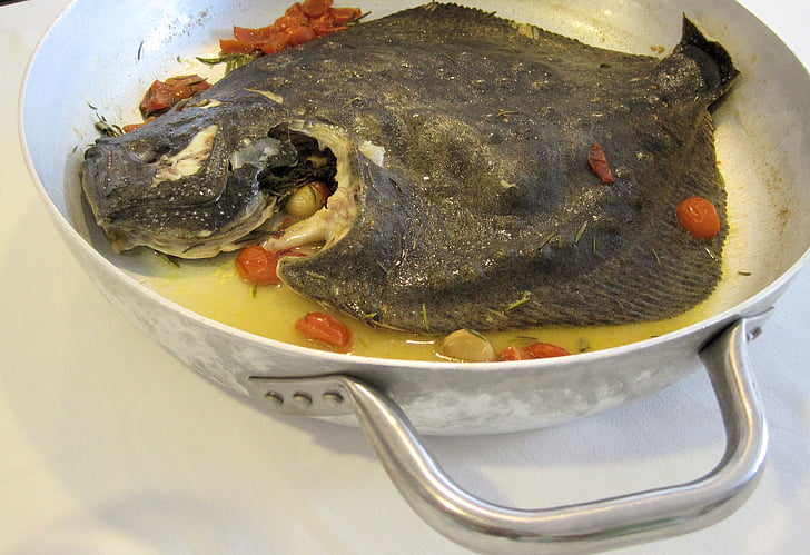hal, tenger gyümölcsei, rombo, Pan, grillezett, olasz
