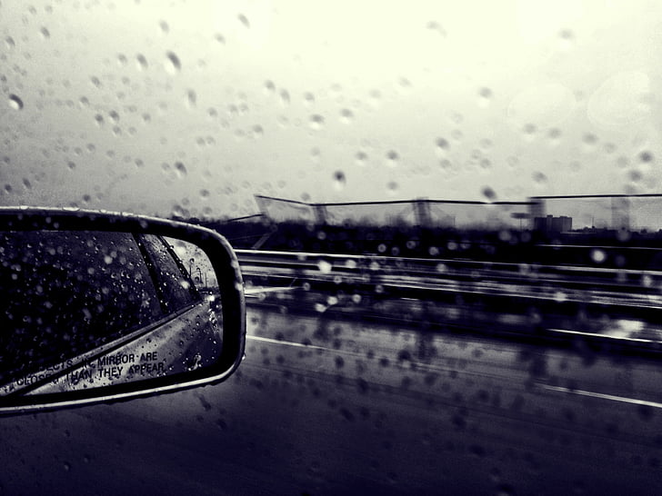 car, window, mirror, rain, drops, vehicle, transportation