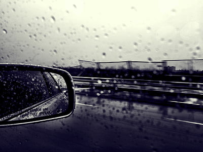 coche, ventana, espejo, lluvia, gotas, vehículo, transporte