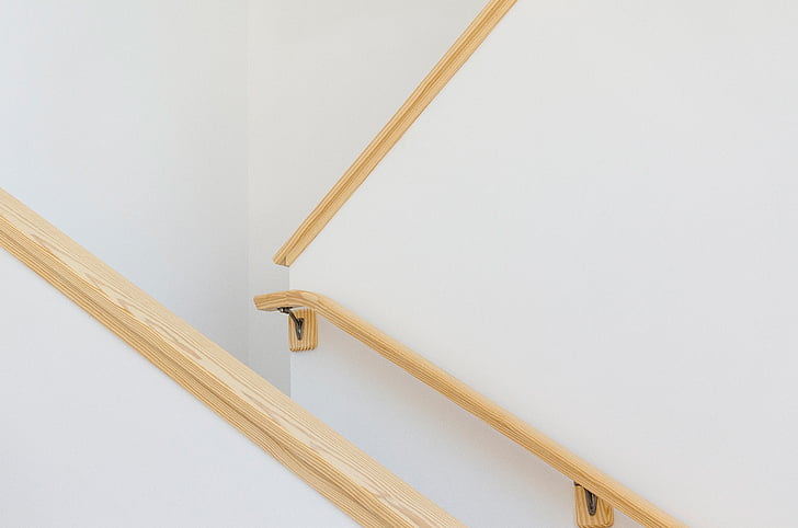 Branco, de madeira, escada, marrom, trilhos, escadas, escadaria