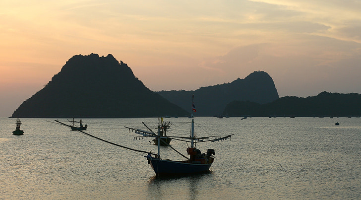 Thaïlande, Harbor, aube, lever du soleil, bord de mer, océan, bateau