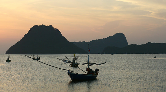 泰国, 港口, 黎明, 日出, 海边, 海洋, 小船