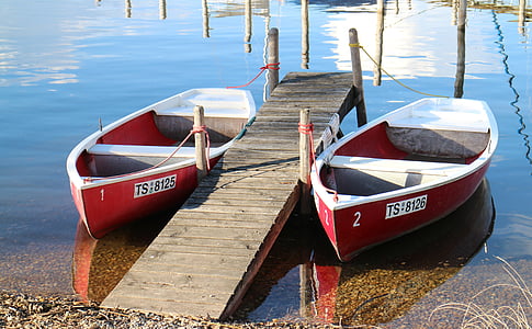 rowing boats, rowing boat, water, boot, red, pier, pair