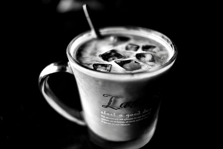 svart-hvitt, frokost, koffein, Nærbilde, kaffe, Cup, mørk