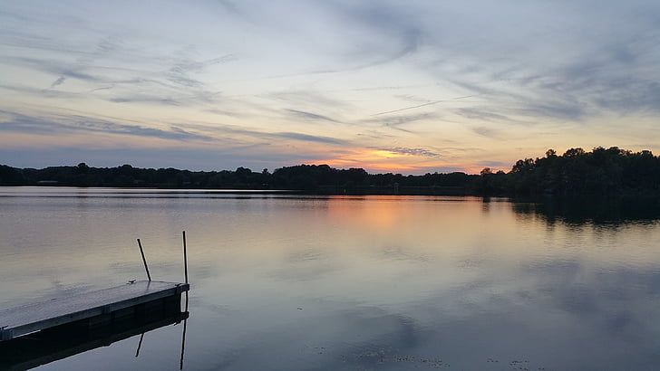 lake, sunset, water, dock