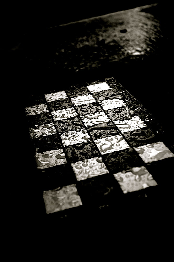 chess, chess board, rain, water, wet, black, white