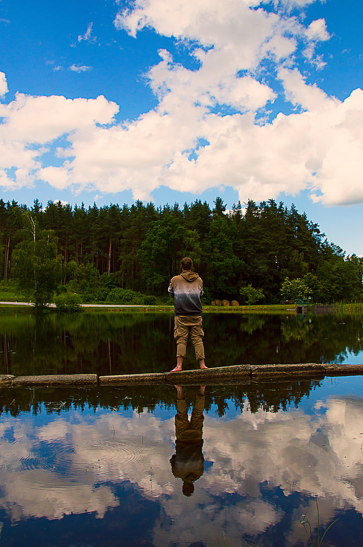 man, pond, water, sky, mirroring, blue, nature