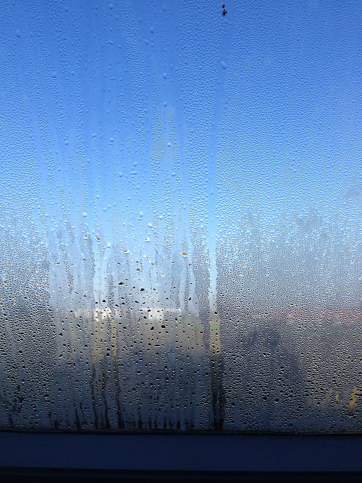 fogging, bầu trời, thủy tinh, cửa sổ, giọt, màu xanh, thành phố