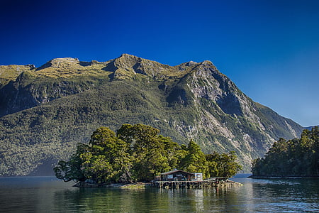 Nieuw-Zeeland, twijfelachtig geluid, fjord, hut, berg, natuur, Lake