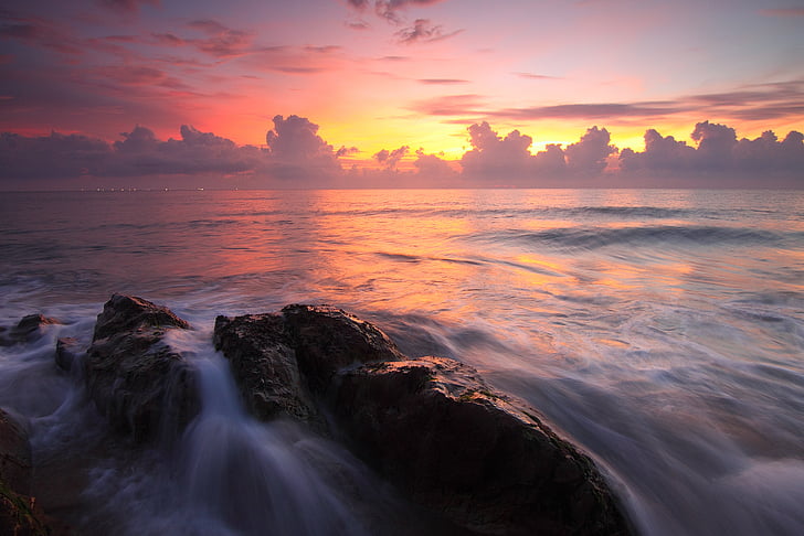 beach, dawn, dusk, nature, ocean, rocks, sea