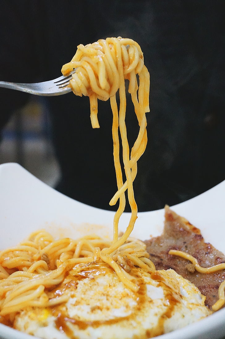 middag, mat, gaffel, lunch, måltid, nudlar, pasta