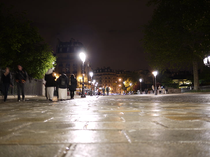 Párizs, éjszaka, fények, járda, belváros, Franciaország, utazás