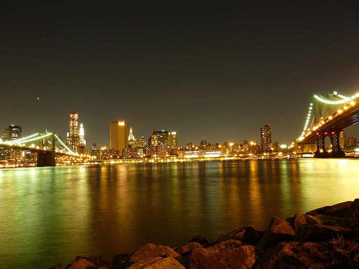 Нью-Йорк, Нью-Йорк, Нью-Йорк, город, ночь, Бруклинский мост, Бруклин