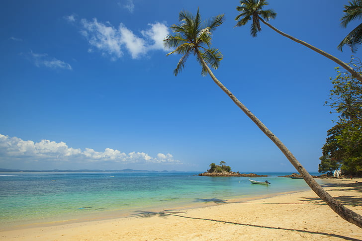 beach, blue sky, boat, island, palm trees, sand, summer