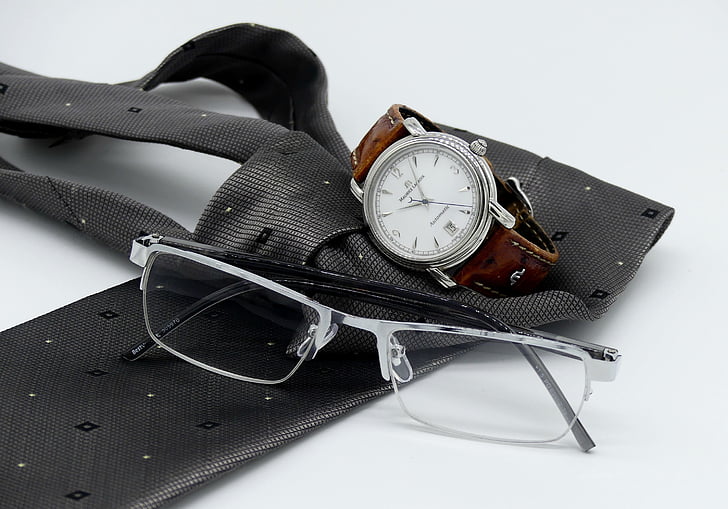 kvarcinis laikrodis, laikrodis, kaklaraištis, akiniai skaitymui, Mens, vyras, Vyriški aksesuarai