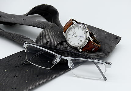 wrist watch, clock, tie, reading glasses, mens, man, men's accessory