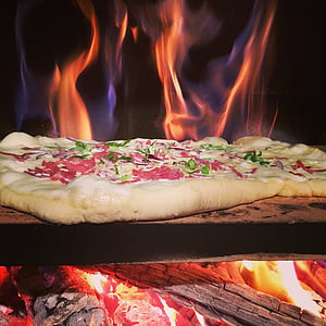 tarte flambée, pizza, wood burning stove, fire, oven, grill, embers
