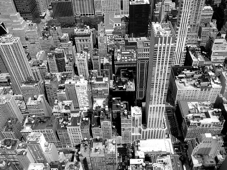 budynki, ulice, z widokiem na miasto, czarno-białe, Newyork, Stany Zjednoczone Ameryki