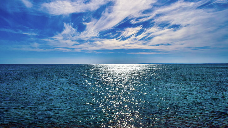 infinit blau, Mar, horitzó, cel, núvols, marí, tranquil·la