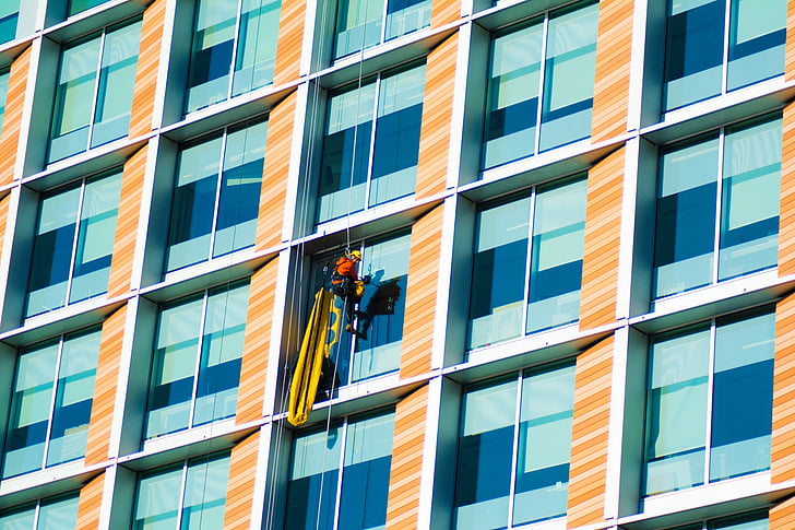 man, wearing, safety, harness, cleaning, building, window