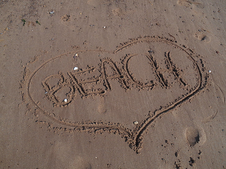 paplūdimys, smėlio, širdies, pranešimas, vasaros, atostogų, atostogų