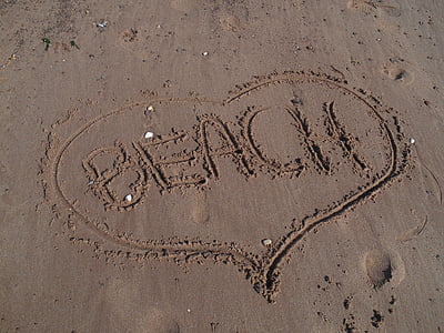 stranden, sand, hjerte, melding, Sommer, ferie, ferie