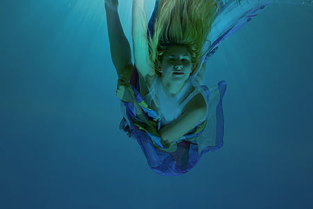 dievča, pod vodou, morská panna, plávať, vody, modrá