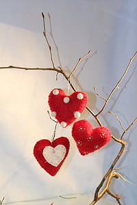 cuore, rosso, ramo, Natale, cuori di feltro, rustico, decorazioni di Natale