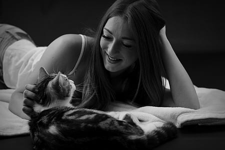 woman, young woman, cat, black and white, smooch, fur, concerns