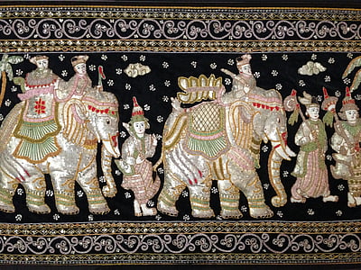 tapeçaria com lantejoulas, asiáticos, elefantes, suspensão de parede, Tailândia, decoração, Ásia