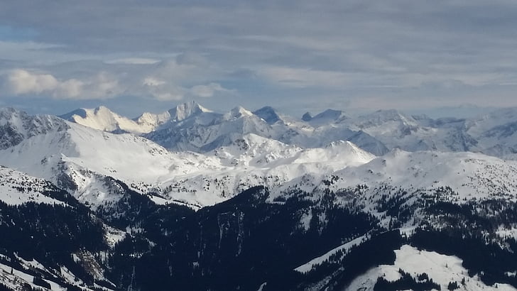 hegyek, Ausztria, Tirol, téli, hó, felhők, hegyi