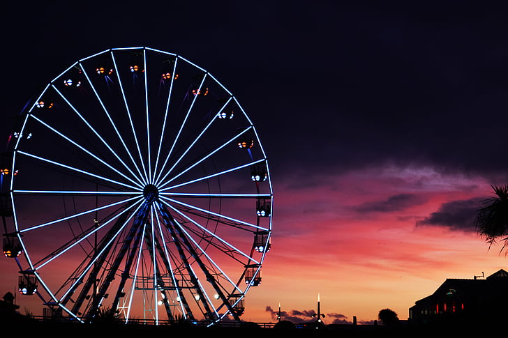puesta de sol, atracciones, Parque, Ferris, rueda, Parque de atracciones, rueda de la fortuna
