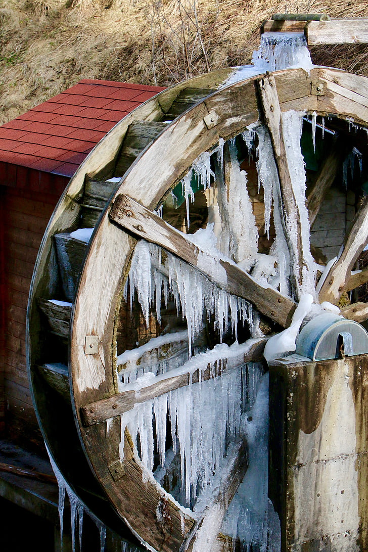 Mill, vattenhjul, istapp, vinter, Iced